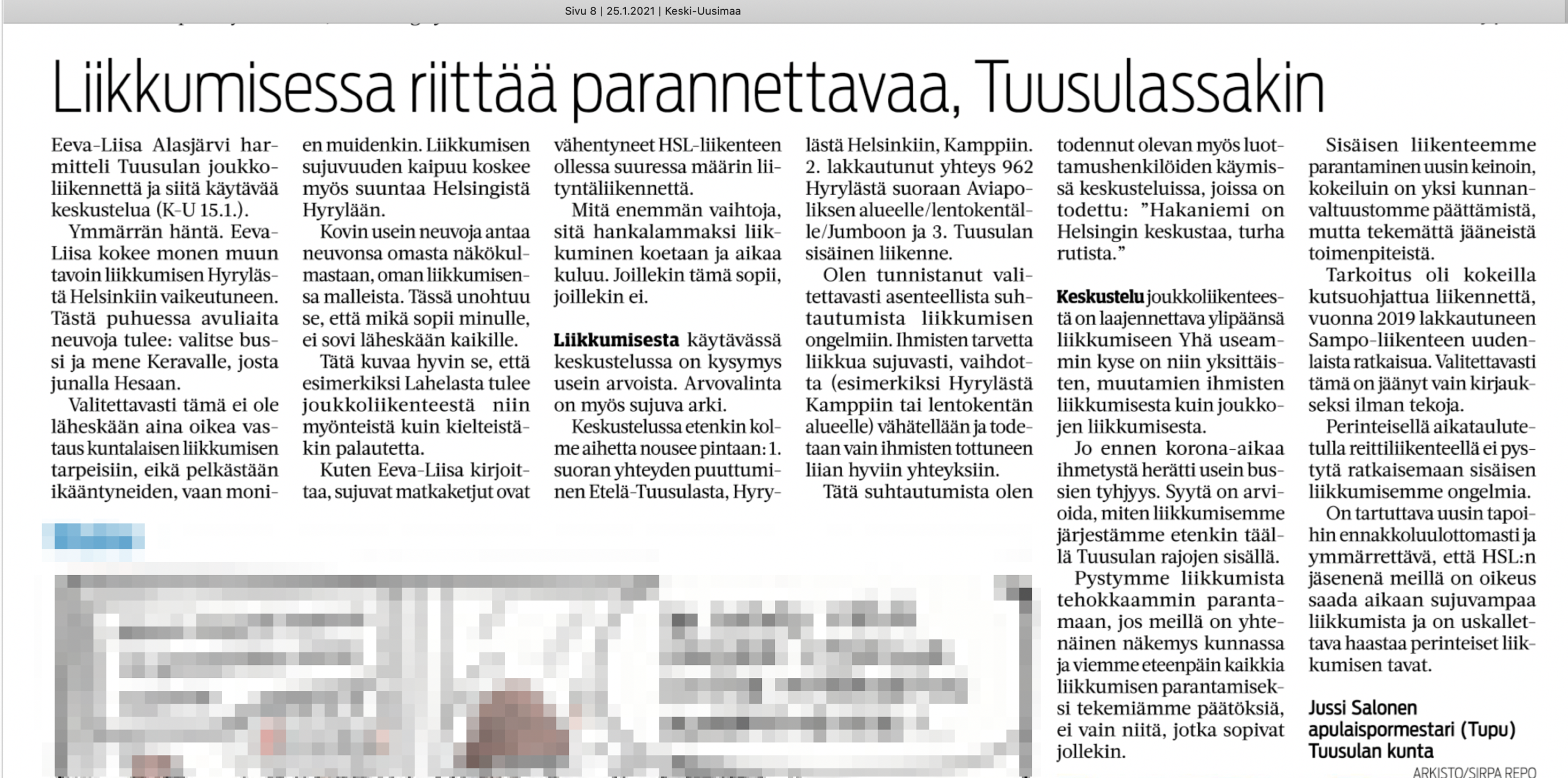 Keski-Uusimaa 2020-01-25 Lukijalta Jussi Salonen: Liikkumisessa riittää parannettavaa, Tuusulassakin
